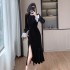 French style velvet dress with a delicate touch, slimming black banquet dress 9662