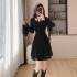 Real shot French velvet dress for women in autumn and winter, with a sense of luxury and Hepburn style lace hanging neck as the base and inner skirt 5995