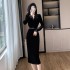 Light luxury waist cinched V-neck long sleeved dress, suit lace patchwork velvet dress, 9597 with belt included