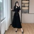 New retro black temperament V-neck velvet top+high waisted skirt two-piece set 9553