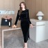 2024 new two-piece set with high-end feeling, waist cinching and slimming temperament, long sleeved fashionable slit high waist set, women's clothing 5876