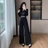 High end contrasting splicing jumpsuit design with goddess style wide leg pants 9567 and waist belt