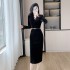 Light luxury waist cinched V-neck long sleeved dress, suit lace patchwork velvet dress, 9597 with belt included