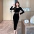 Real time shooting of new sexy mesh splicing slit light luxury velvet dress, slimming mid length long sleeved skirt 3913