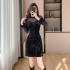 Real shot mesh patchwork sequin dress for women, French style, light luxury, sexy, waist hugging banquet dress, hip hugging black dress 5973