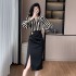 Elegant and sophisticated striped fake two-piece spliced long sleeved dress with slimming effect and hip hugging design 9573