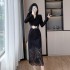 Design sense, socialite temperament, commuting suit collar, patchwork lace hip hugging dress 9623