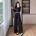 High end contrasting splicing jumpsuit design with goddess style wide leg pants 9567 and waist belt