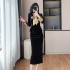 Elegant socialite bow, fish tail, slim fit velvet top, split skirt two-piece set 9658