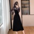 Socialite retro temperament long sleeved plush mesh velvet nail bead fake two-piece dress 815