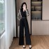 Temperament commuting wide leg pants long sleeved striped patchwork high waisted jumpsuit 9539 with belt