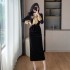 Elegant socialite bow, fish tail, slim fit velvet top, split skirt two-piece set 9658