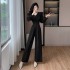 V-neck splicing double-layer ruffled edge waistband, high waist straight tube slimming jumpsuit for women 9582