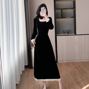 Classic retro square neck waist heavy black dress winter long patchwork skirt 9625