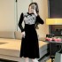 Black gold velvet dress for women in winter, new Chinese style buttoned ink painting printed small qipao skirt 5917