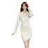 Real shot champagne colored dress for women in autumn 2024, long sleeved temperament, waist cinched V-neck irregular shirt dress 8719