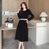 Autumn and winter small fragrant style stand up collar lace patchwork short coat corduroy set A-line half body long skirt two-piece set 5883