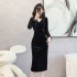 New black high-end super beautiful dress with long sleeves and gold velvet tight fitting, slimming and stunning long skirt 5909 real price