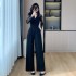 Temperament goddess style black jumpsuit with wide leg design, lace patchwork jumpsuit 8729