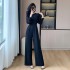 New high-end customized temperament French splicing slimming and height enhancing wide leg jumpsuit 8703