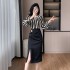 Elegant and sophisticated striped fake two-piece spliced long sleeved dress with slimming effect and hip hugging design 9573