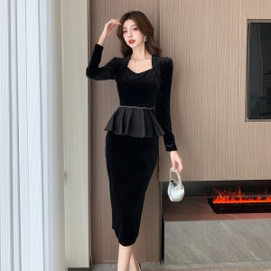 Black velvet dress, women's French retro high-end style, socialite temperament, slim fit, Hepburn style small black dress 5863