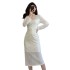 2024 autumn new fish scale warm lace high-end V-neck dress slim fit base mid length skirt 5928