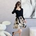 Realistic photo of 2024 autumn fashion temperament, Western style, slim fit, elegant patchwork, waist cinching, long sleeved fake two-piece dress 5977