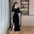 Elegant temperament, nail bead wrapped buttocks skirt, split fish tail velvet dress, 9627, with belt included