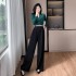 High end contrasting splicing jumpsuit design with goddess style wide leg pants 9567 and waist belt