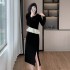 Color blocking long sleeved base, slim fit, hip hugging two-piece set, gold velvet pearl collar set 9610