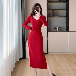 Realistic photo of 2024 new style French retro slimming slit dress 5951