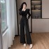 V-neck splicing double-layer ruffled edge waistband, high waist straight tube slimming jumpsuit for women 9582