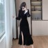 French style velvet dress with a delicate touch, slimming black banquet dress 9662