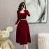 Real time customized small dress, light luxury socialite velvet square neck, bubble sleeves, red annual party dress 8860