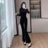 Golden velvet micro flared pants retro fashion Tang style buckle Chinese style pants set for women 6905