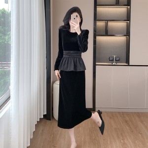 French Hepburn style dress, banquet evening dress, waist cinched black velvet two-piece set 9620