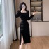 Autumn new gold velvet fashionable professional slit improved cheongsam dress 9310