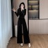 Internet celebrity popular velvet suit with high-end V-neck and slimming short top, wide leg pants 9565