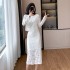 Two piece set of plush lace crochet top long skirt straight tube skirt half skirt set 9672