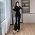 Golden velvet micro flared pants retro fashion Tang style buckle Chinese style pants set for women 6905