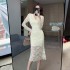 Realistic photo of slim fit and sexy lace V-neck dress with a French style base for women, fish tail wrapped skirt 5810