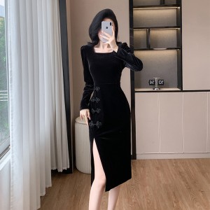 Autumn new gold velvet fashionable professional slit improved cheongsam dress 9310