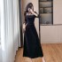 French heavy industry hot stamping diamond hollow velvet dress with waist cinching and socialite black long skirt 5301