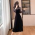 Socialite retro temperament long sleeved plush mesh velvet nail bead fake two-piece dress 815