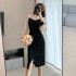 2024 autumn new V-neck pearl mesh long sleeved dress with patchwork waist bag and hip slit skirt 5868