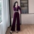 Golden velvet V-neck hot stamping diamond fashionable waist cinching and slimming wide leg jumpsuit for women 9587 comes with a belt as a gift