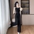 Temperament waist cinching black chiffon wide leg pants fashionable slimming jumpsuit for women 9562