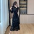 New Chinese style women's clothing for spring, improved cheongsam long skirt, retro fashion lace high-end exquisite dress 5939