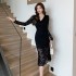 Realistic photo of slim fit and sexy lace V-neck dress with a French style base for women, fish tail wrapped skirt 5810